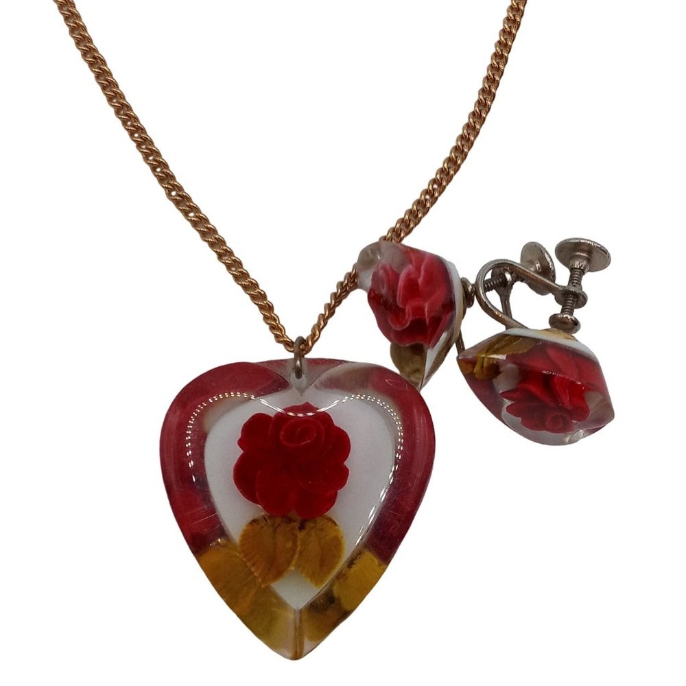 Red Rose Clear Heart Necklace Screw Back Earring Set Vintage Costume Jewelry